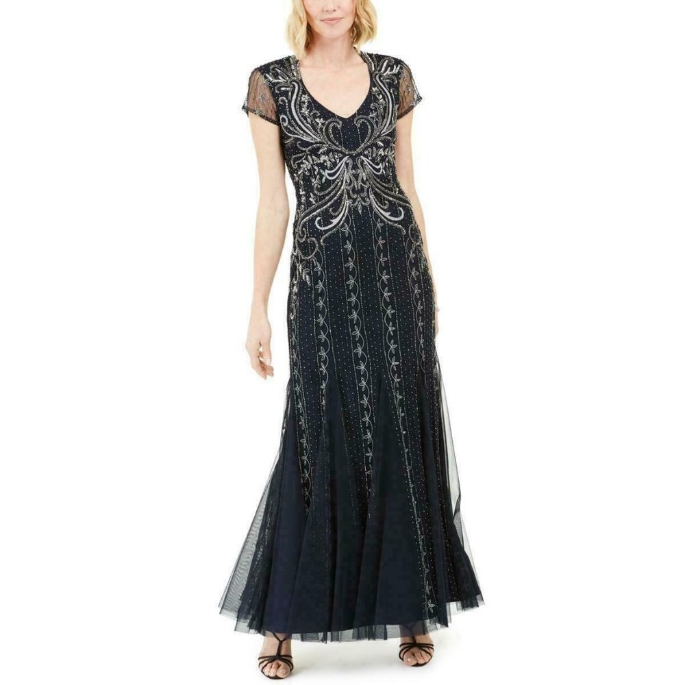 Adrianna Papell Maxi Midnight BLUE Embellished Formal Dress Beaded Open Back 6